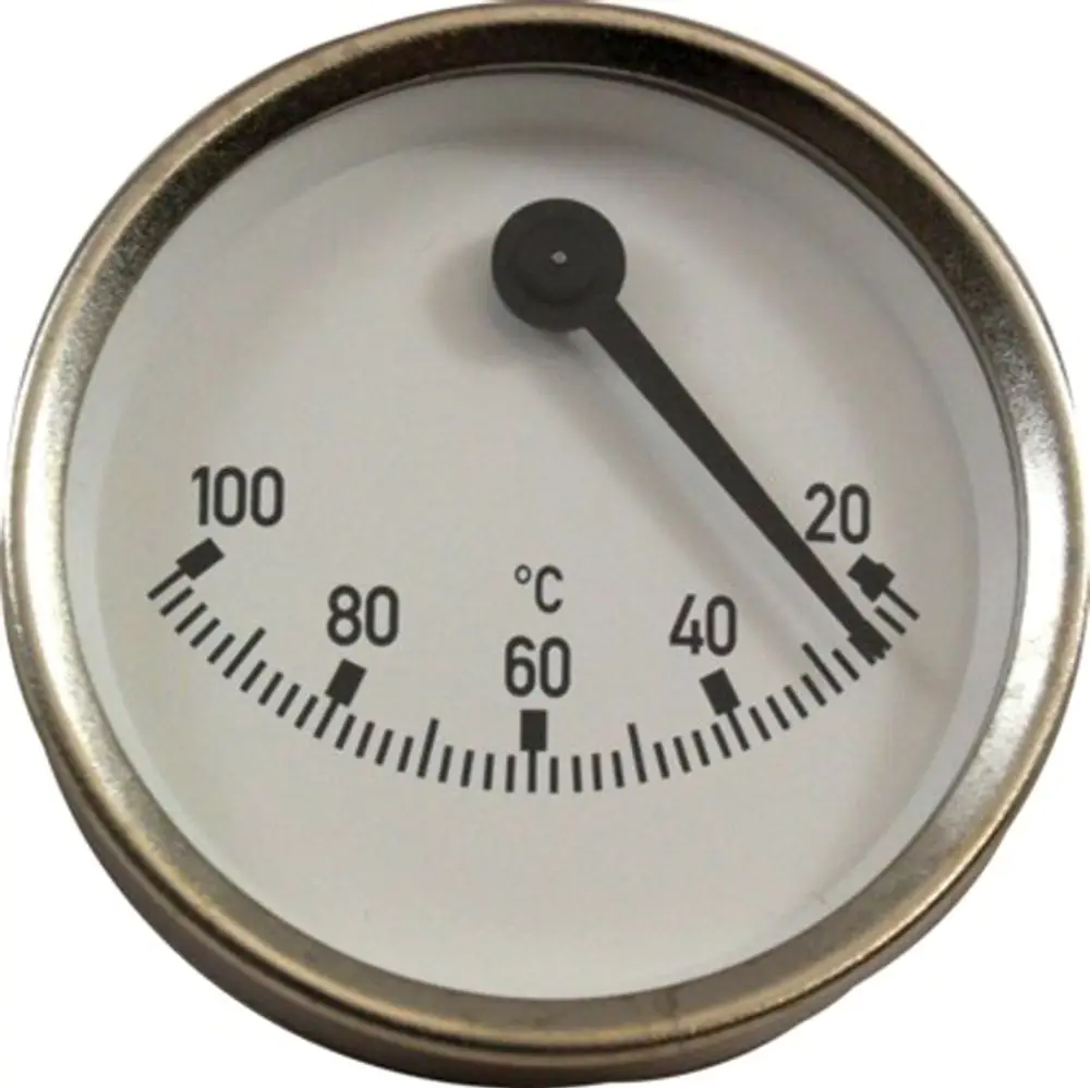 Thermometer mit einem weißen Ziffernblatt und schwarzer Skala, markiert mit Wolf, zur Anzeige von Temperaturen zwischen 0°C und 100°C.